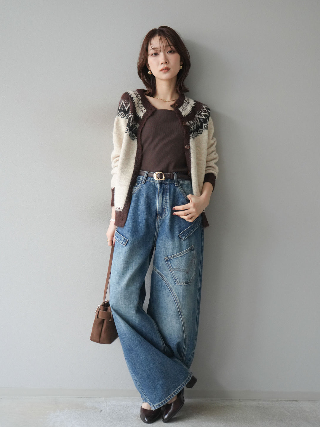 [SET]ノルディック柄ニットカーディガン+ペインターカーブデニムパンツ(2set)