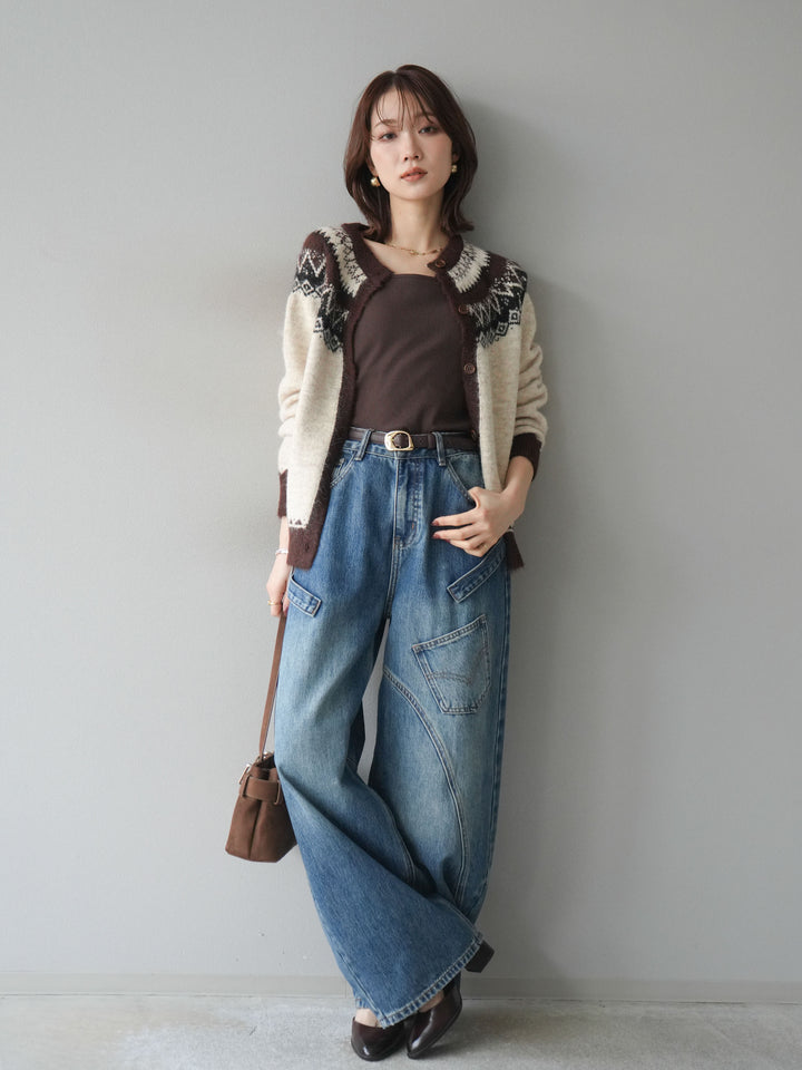 [SET]ノルディック柄ニットカーディガン+ペインターカーブデニムパンツ(2set)