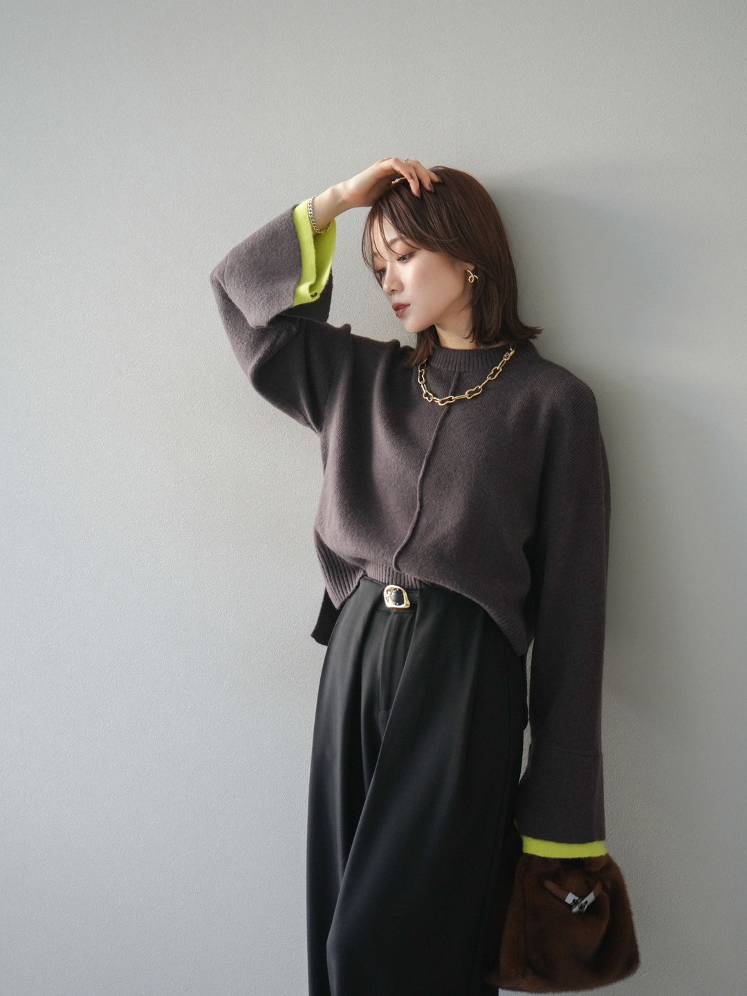 [予約]袖レイヤード配色ニットプルオーバー/brown