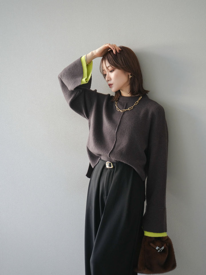 [予約]袖レイヤード配色ニットプルオーバー/brown