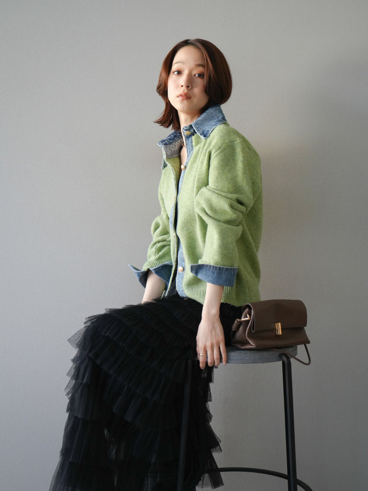 [予約]デニム襟ボタンニットカーディガン/pistachio