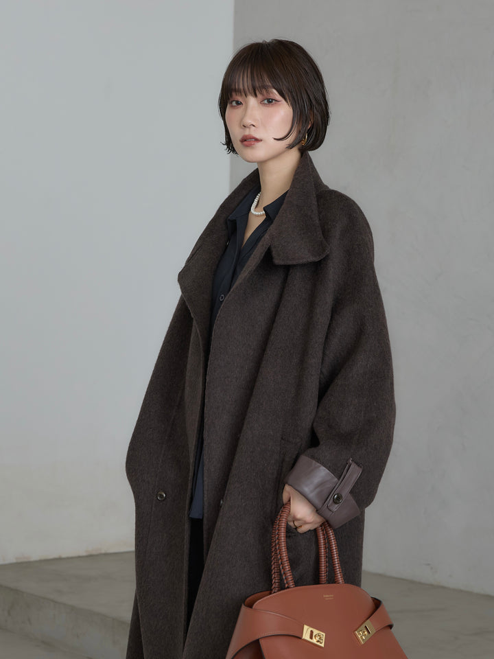 [予約]レザー切替ウールロングコート/darkbrown
