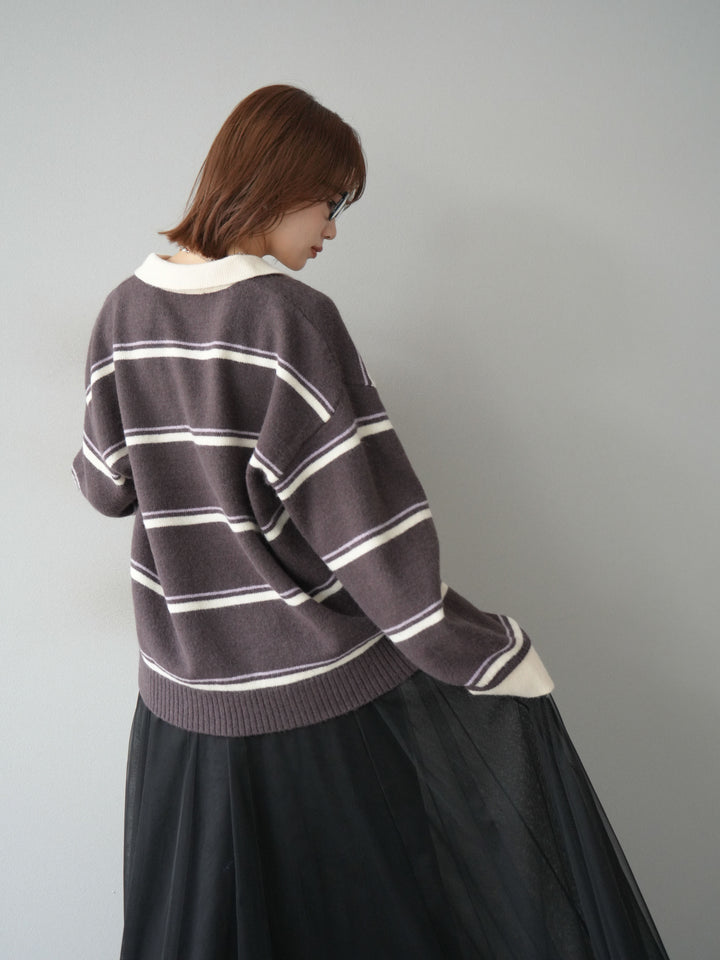 [SET]ポロ襟スキッパーボーダーニットプルオーバー+チュールボリュームスカート(2set)