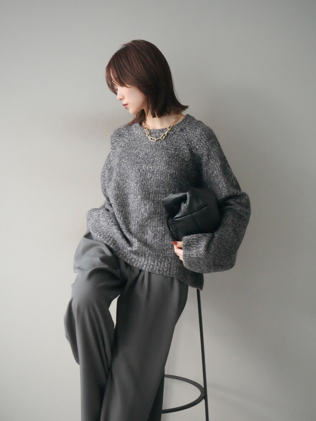 [予約]クルーネック畦編みミックスニット/navy