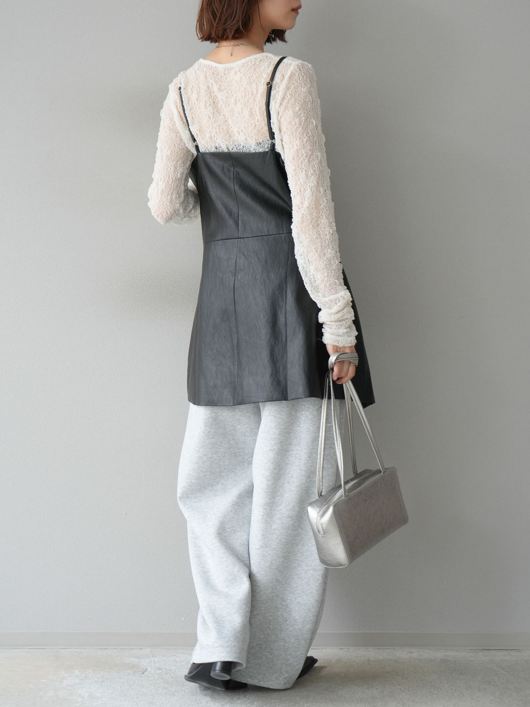 [予約]レイヤードレザーキャミソールチュニック/ブラック