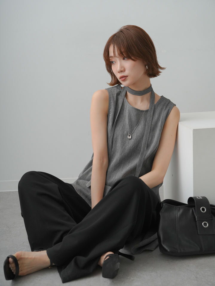 [SET]タイ付アシメヘムノースリトップス+リラックスドレープスウェットパンツ(2set)