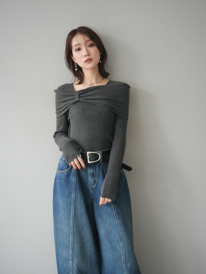 [予約]リボンモチーフオフショルリブニットトップス/gray