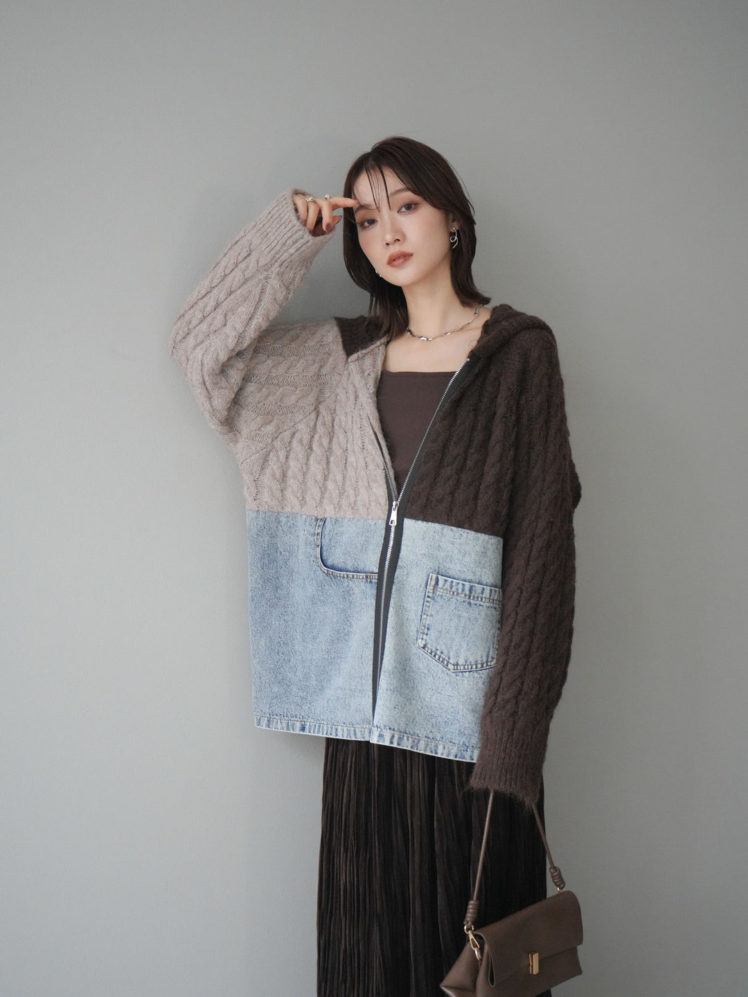 [予約]デニム×バイカラーニットZIPフーディ/brown