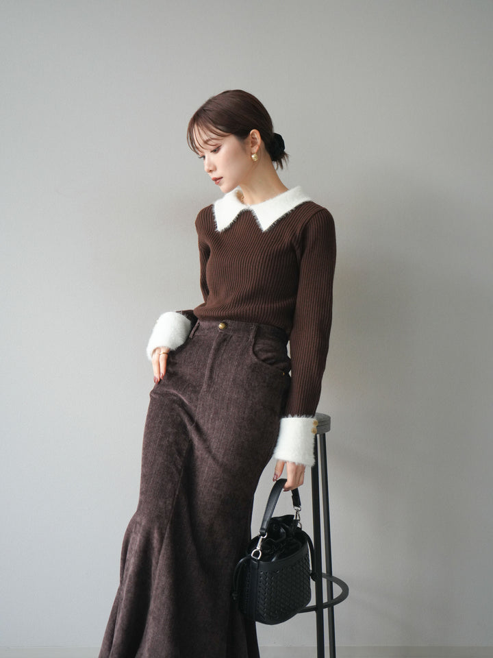 [SET]シャギー襟リブニットトップス+ベルベットマーメイドスカート(2set)