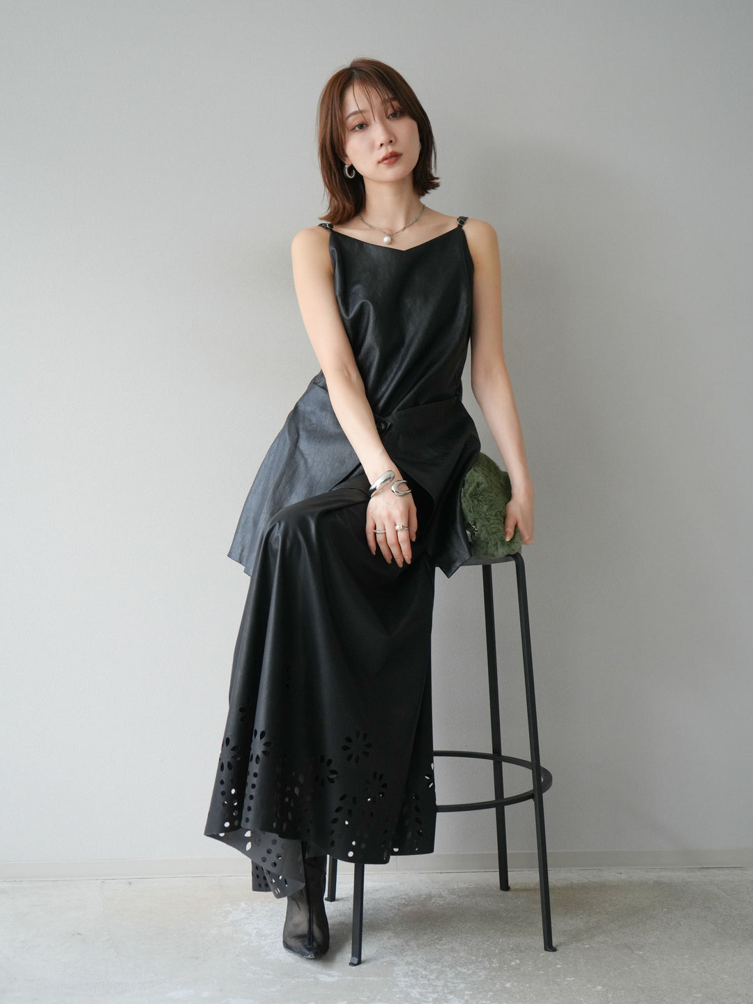 [予約]レイヤードレザーキャミソールチュニック/ブラック