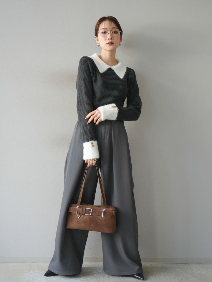 [SET]シャギー襟リブニットトップス+ベルトループデザインワイドパンツ(2set)