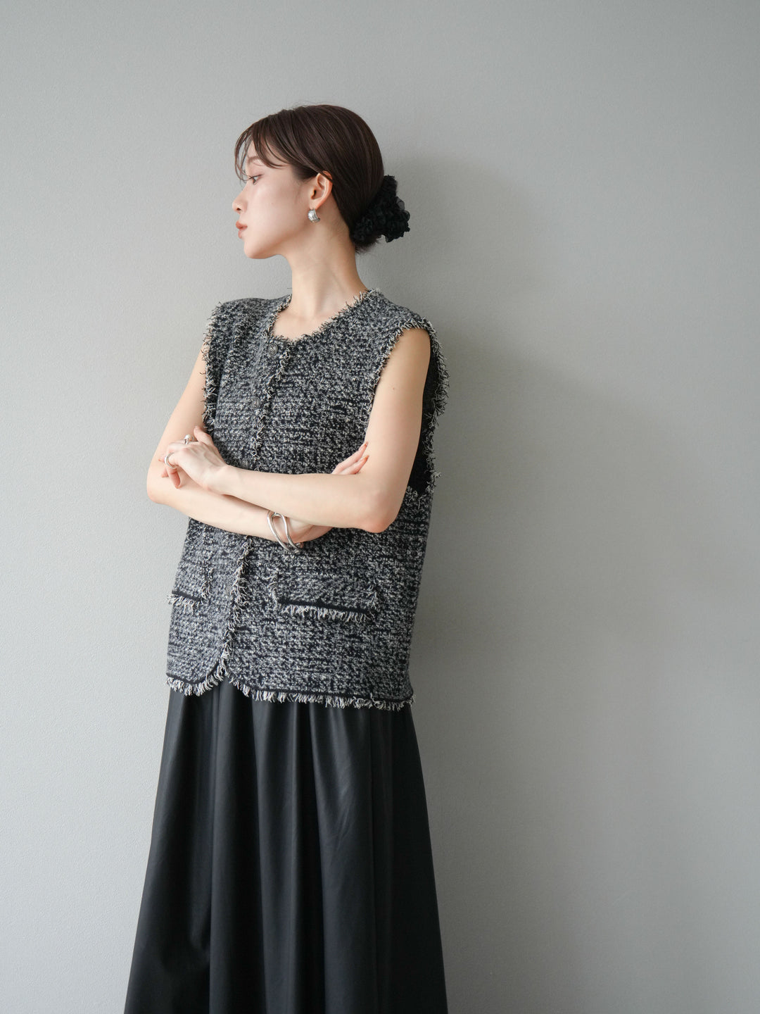 [予約]ミックスツイードフリンジニットベスト/ブラック
