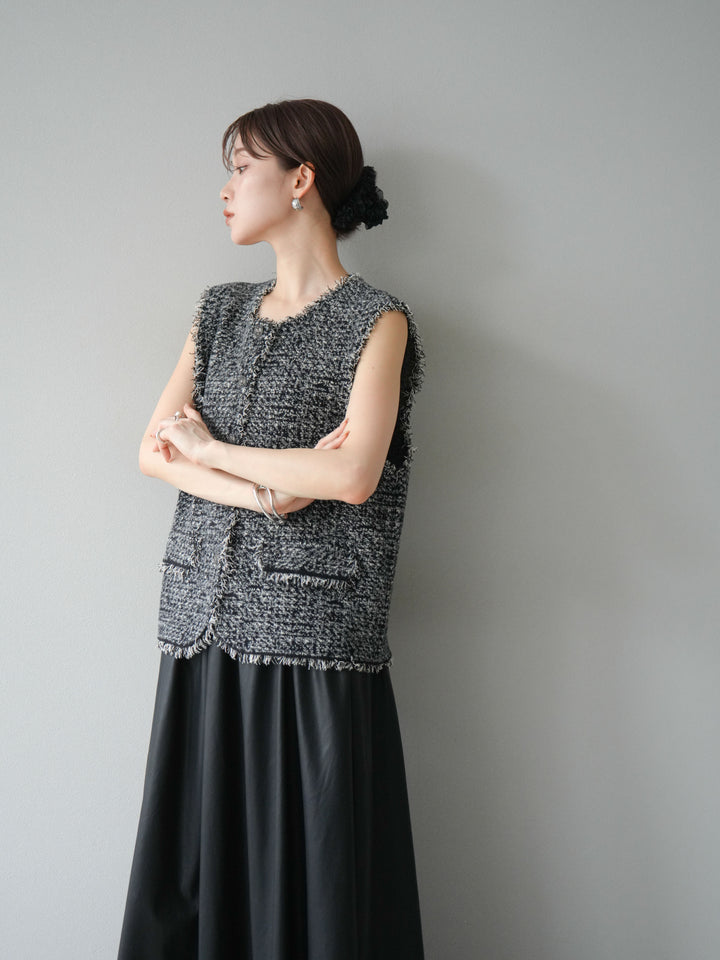 [予約]ミックスツイードフリンジニットベスト/ブラック