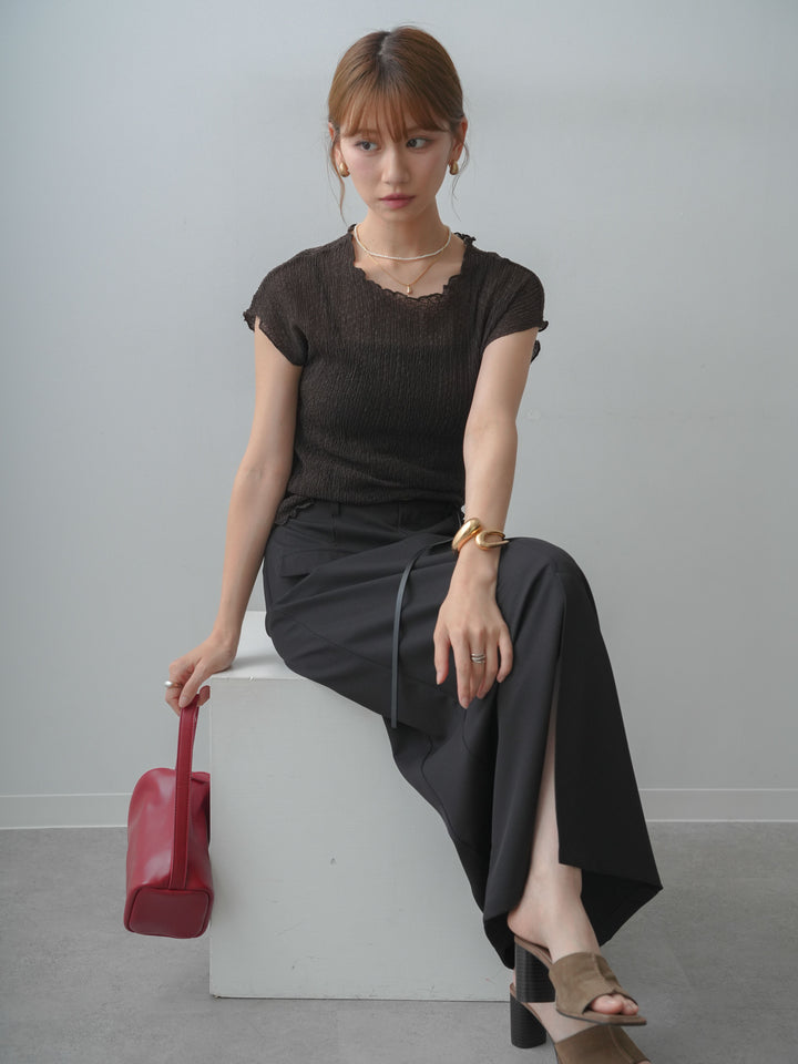 [SET]シャーリングシアーバックオープンフレンチトップス+クレープデシンフラップ付きストレートスカート(2set)
