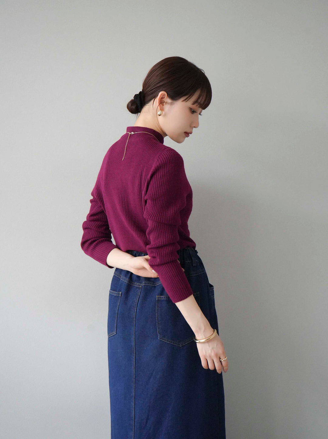 [預訂] 瓶頸式羅紋針織上衣/酒紅色