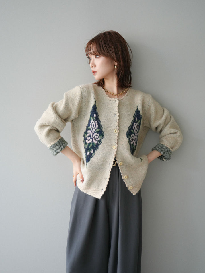 [予約]アンティークフラワージャガードニットカーディガン/ivory