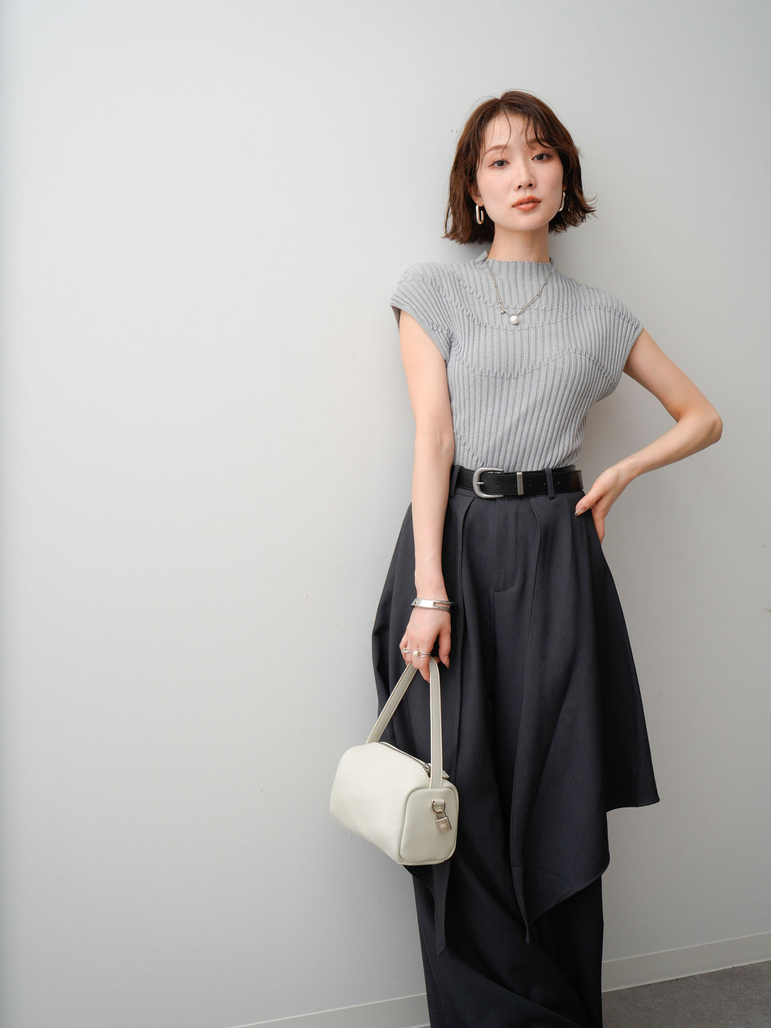 [予約]モードラインリブフレンチニットトップス/gray