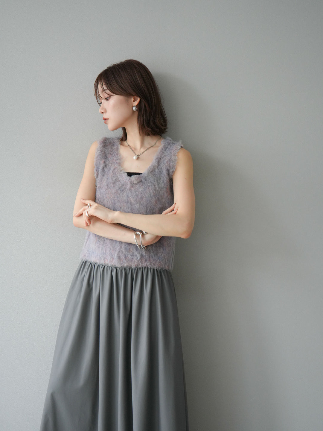 [予約]ミックスシャギーUネックベスト/グリーン