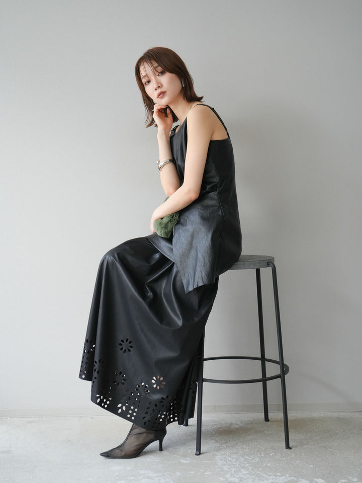 [予約]レイヤードレザーキャミソールチュニック/ブラック