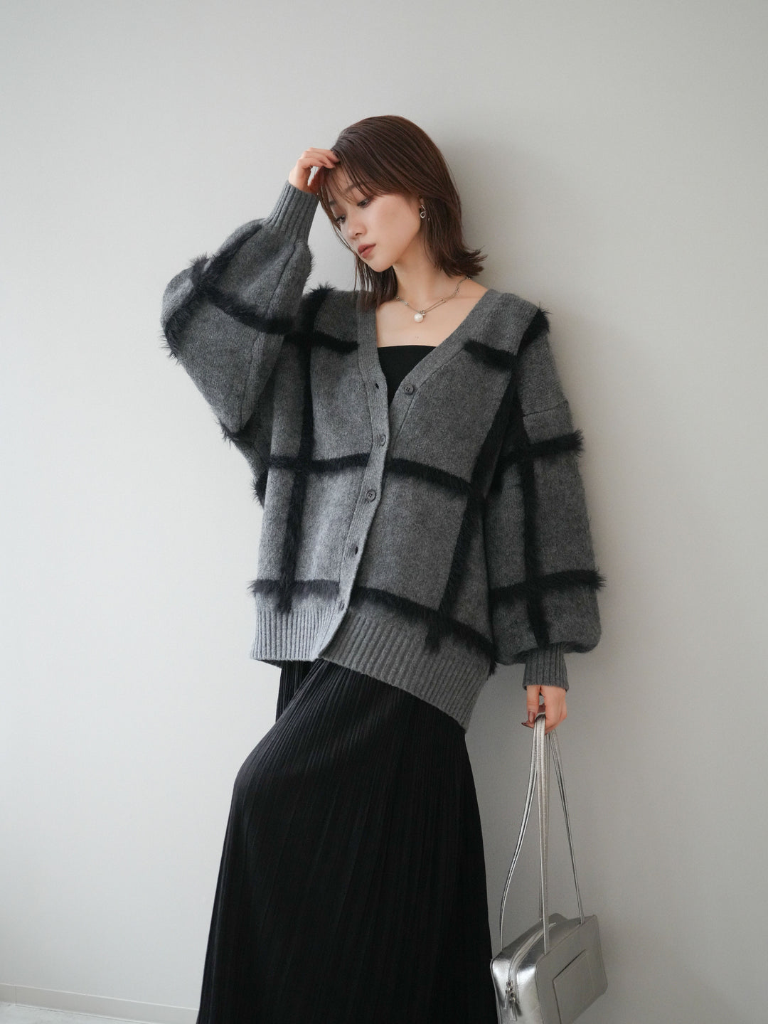 [予約]ミックスシャギーチェックカーディガン/charcoal