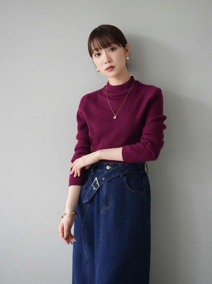 [預訂] 瓶頸式羅紋針織上衣/酒紅色