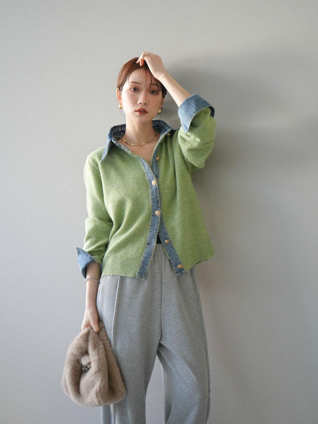 [予約]デニム襟ボタンニットカーディガン/pistachio