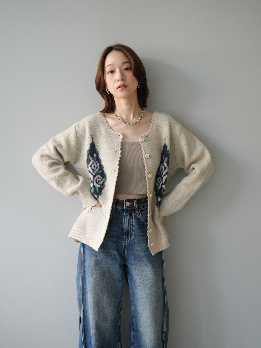 [予約]アンティークフラワージャガードニットカーディガン/ivory