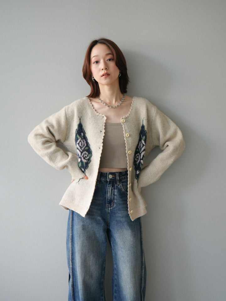 [予約]アンティークフラワージャガードニットカーディガン/ivory