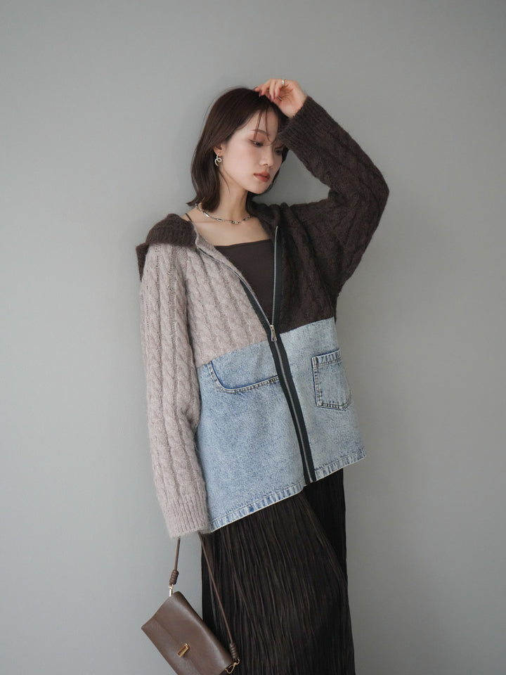 [予約]デニム×バイカラーニットZIPフーディ/brown