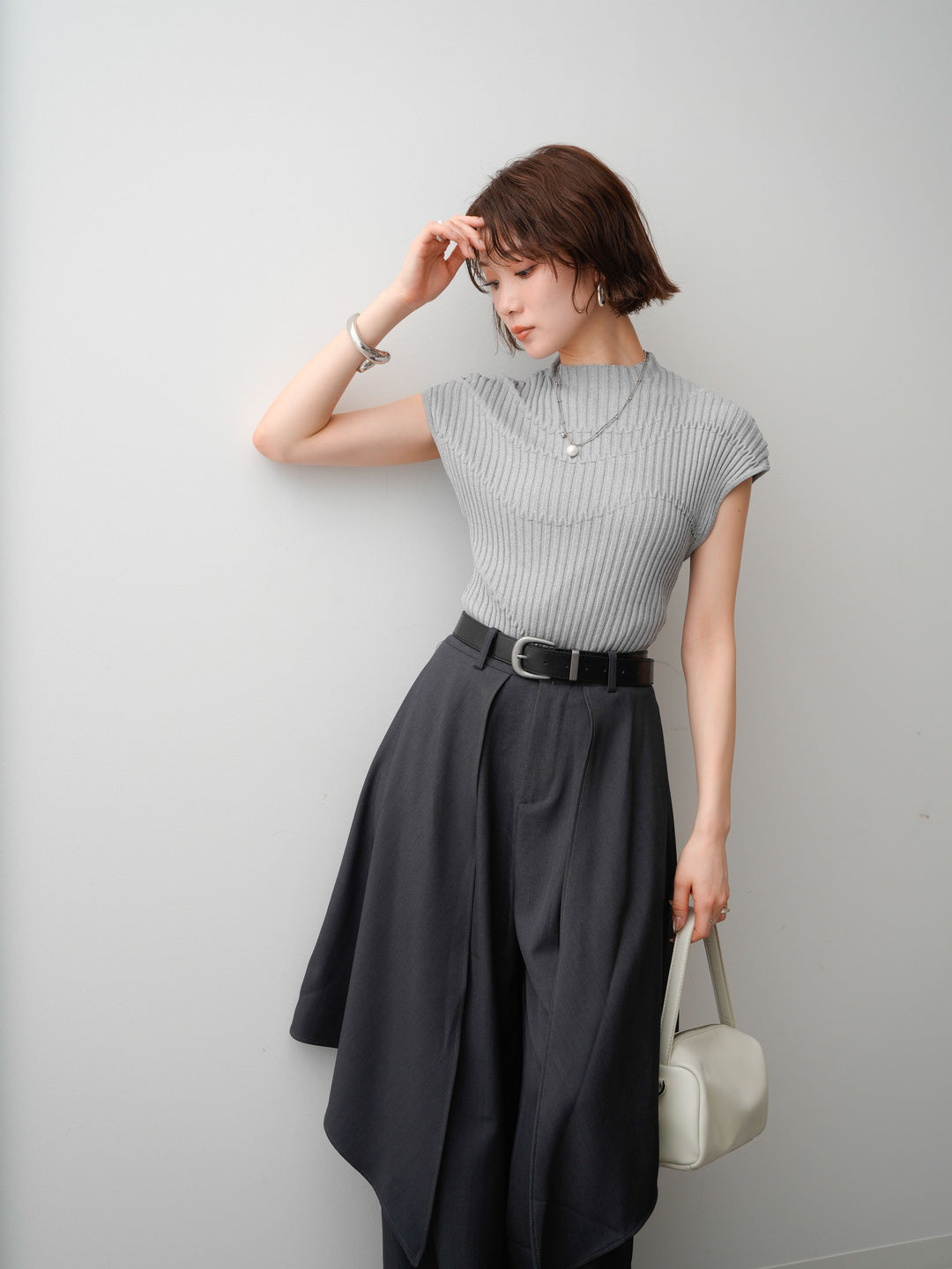[予約]モードラインリブフレンチニットトップス/gray