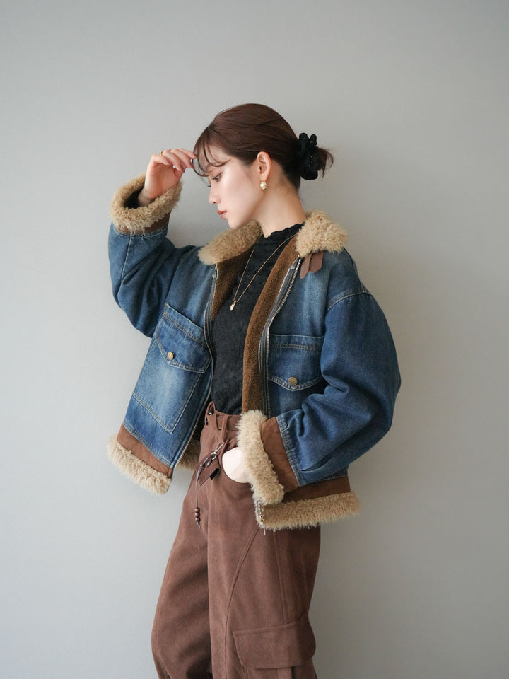 [予約]スタンドカラーファー×デニムジャケット/blue