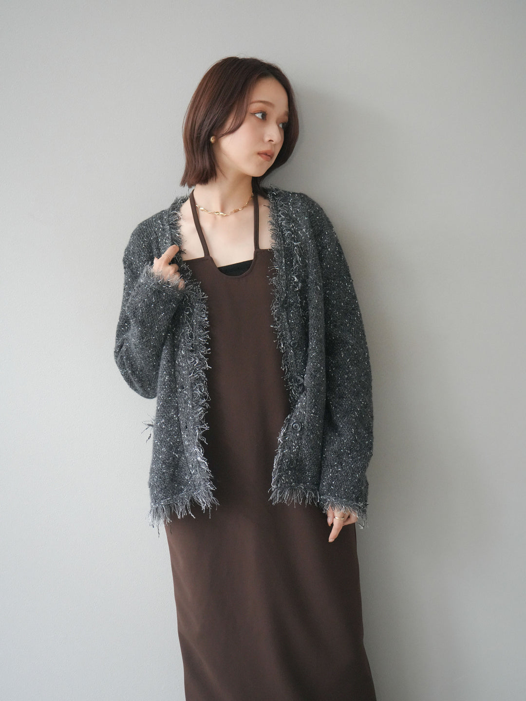 [予約]ネップフリンジニットカーディガン/ gray