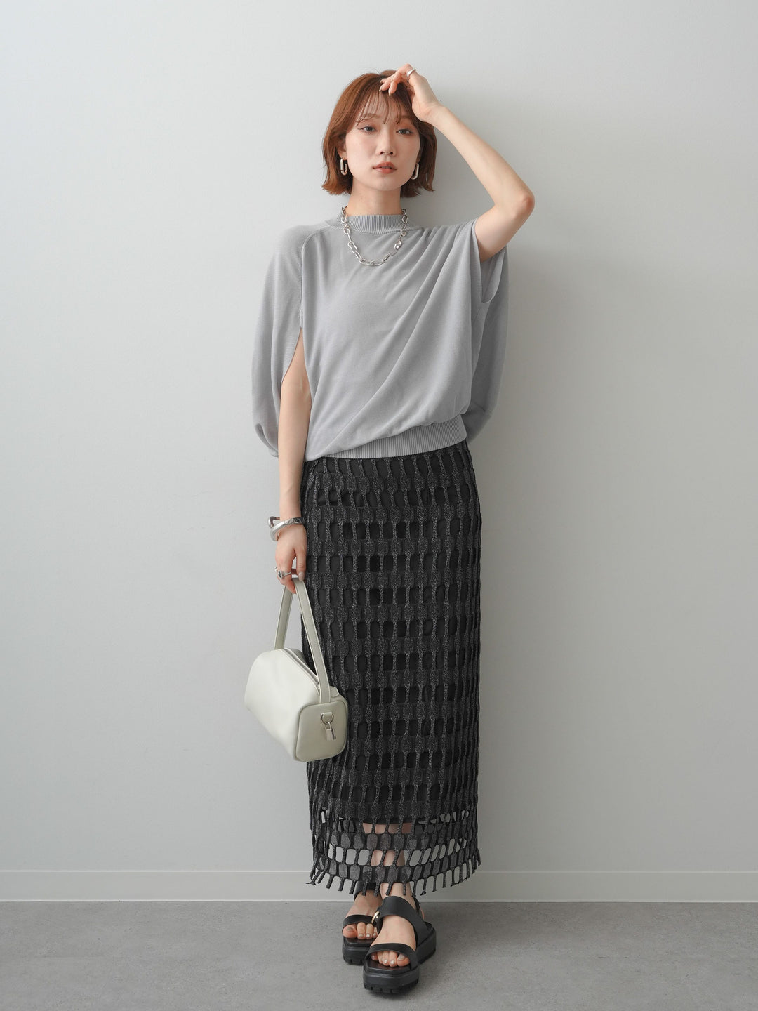 [SET]ボトルネックドロップショルダーニットトップス+スクエアメッシュニットIラインスカート