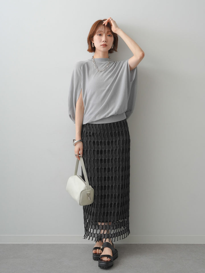 [SET]ボトルネックドロップショルダーニットトップス+スクエアメッシュニットIラインスカート