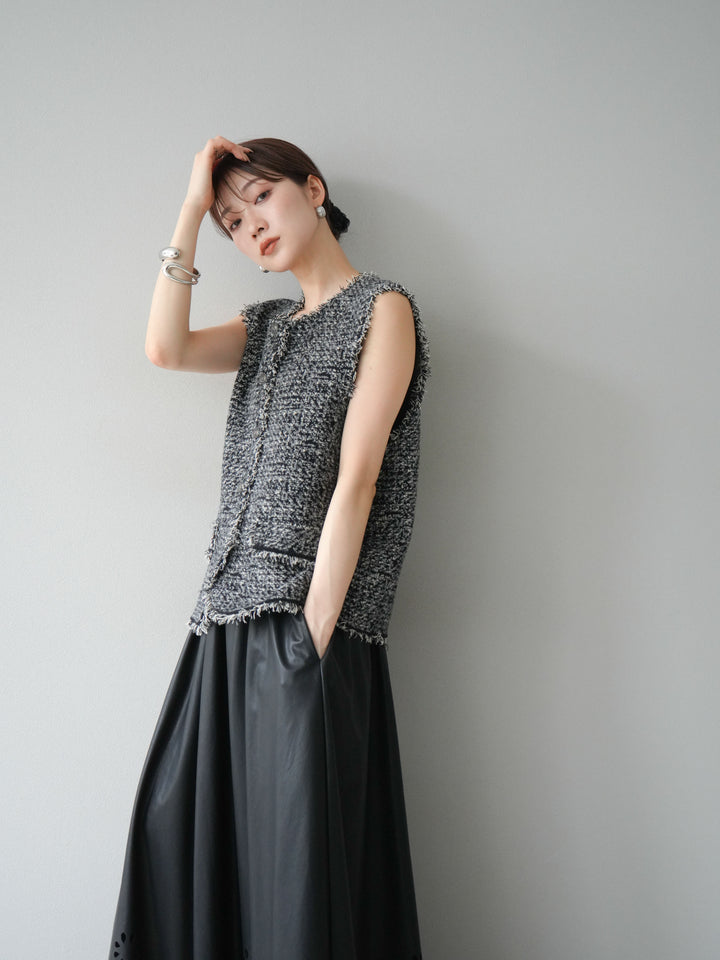 [予約]ミックスツイードフリンジニットベスト/ブラック
