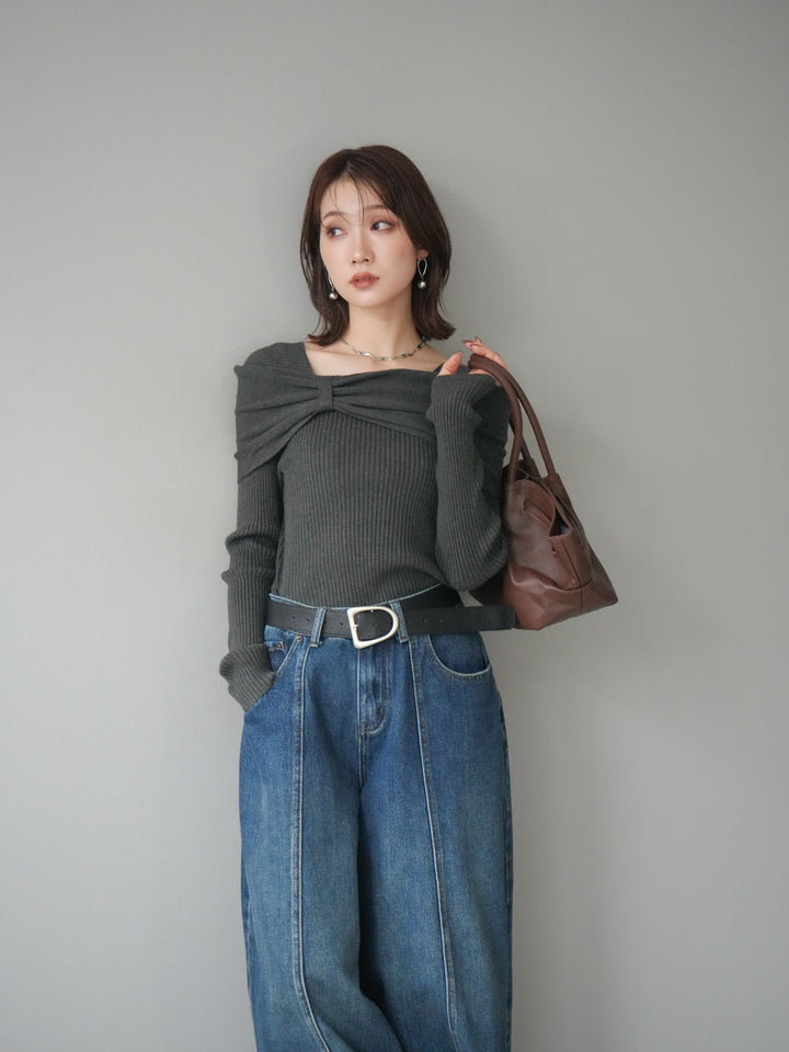 [予約]リボンモチーフオフショルリブニットトップス/gray