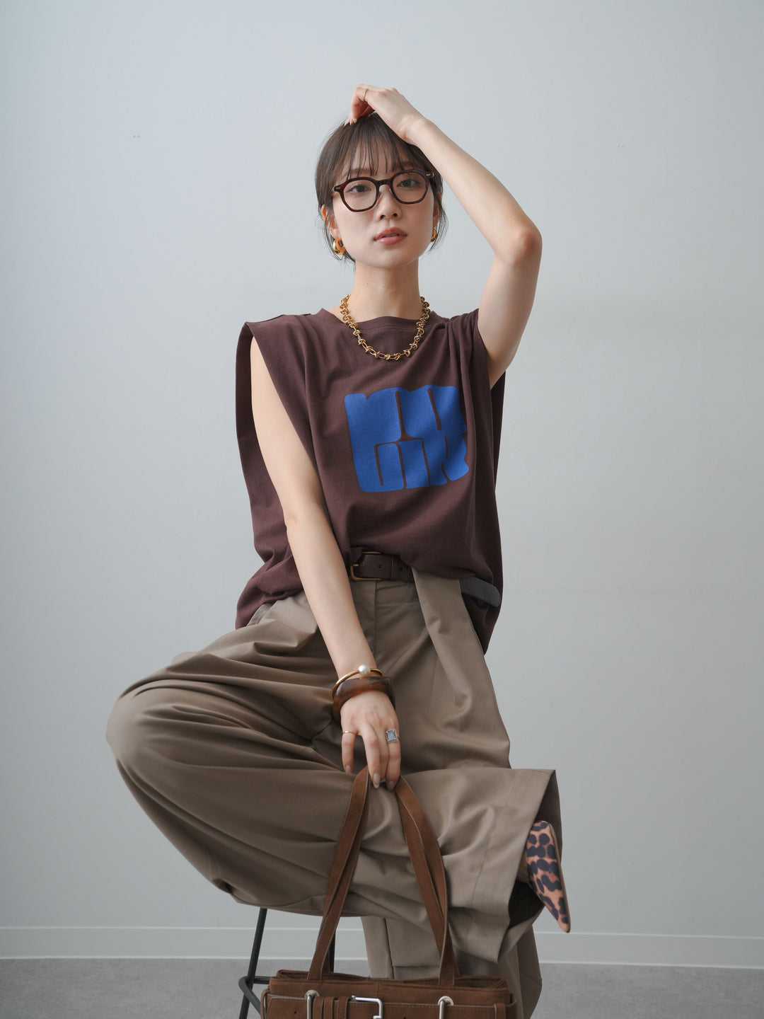 [SET]ワイドネックプリントTEE+ショルダータックノースリーブオーバーTEE(2set)