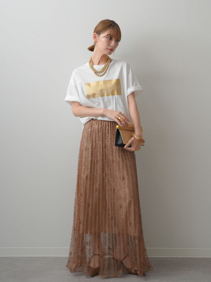 [SET]箔プリントボックスTEE+フローラルレースプリーツスカート(2set)