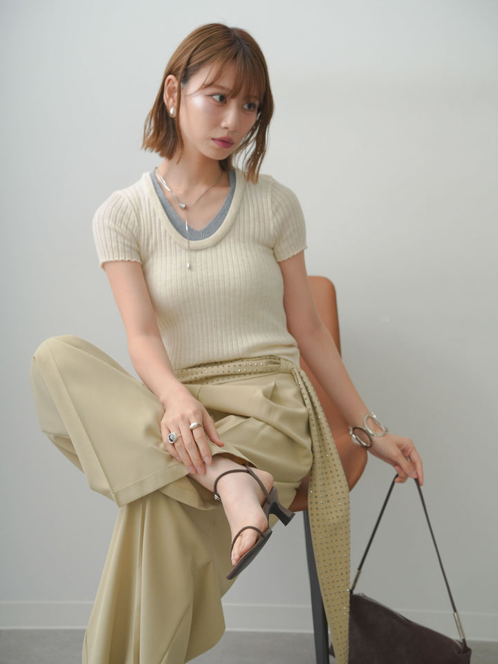 [SET]バイカラーネックレイヤード半袖リブニットトップス+ビジューベルトタックワイドパンツ(2set)