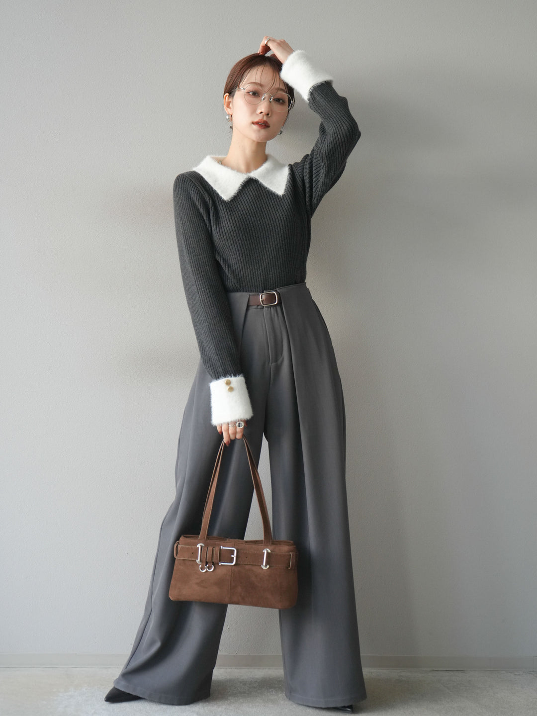 [SET]シャギー襟リブニットトップス+ベルトループデザインワイドパンツ(2set)