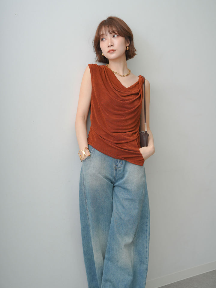 [予約]ツイストショルダーアシメドレープトップス/brown
