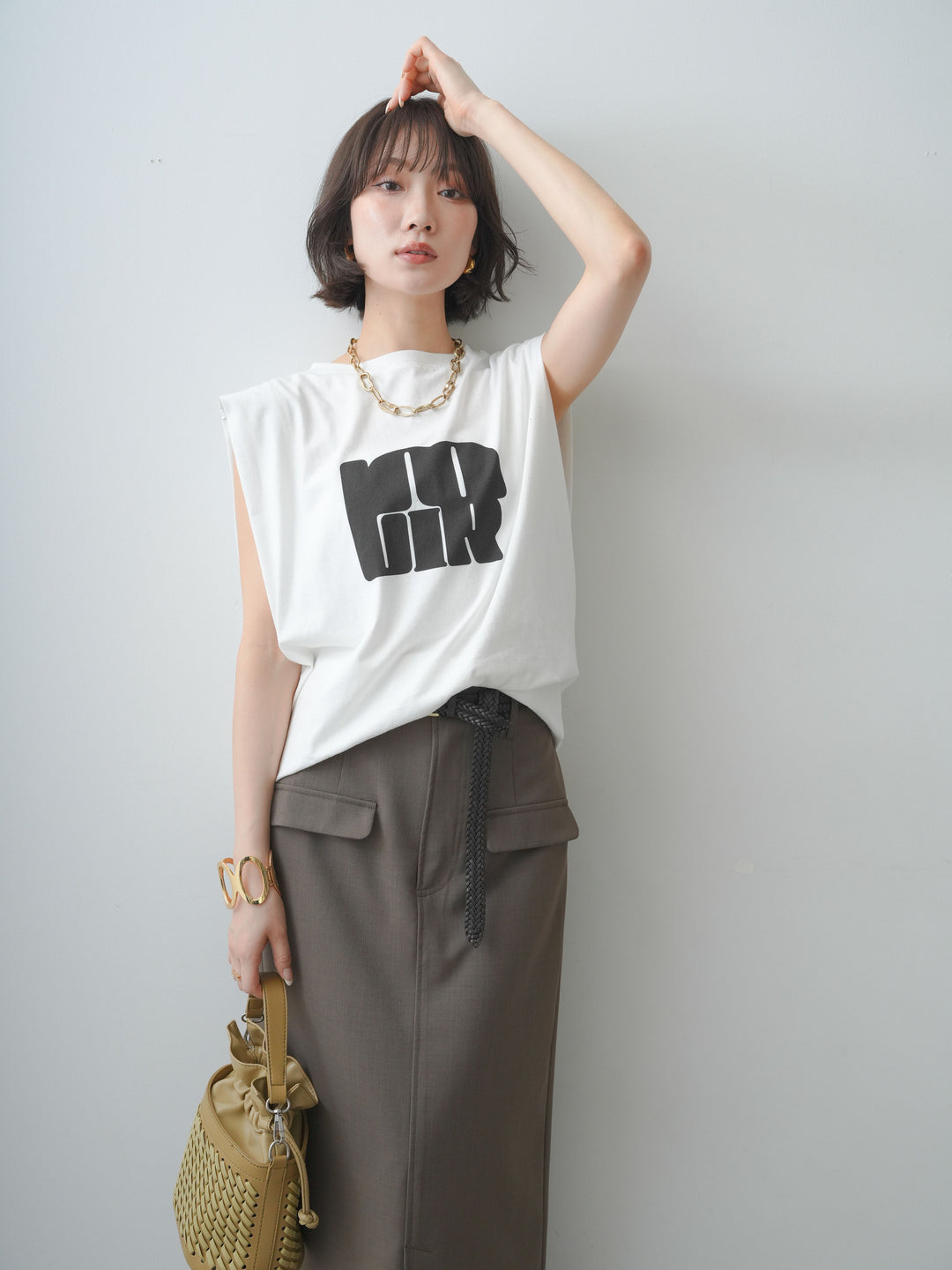 [SET]フロントジップフリルカラーデニムトップス+ショルダータックノースリーブオーバーTEE+ベルトループカーブタックワイドパンツ(3set)
