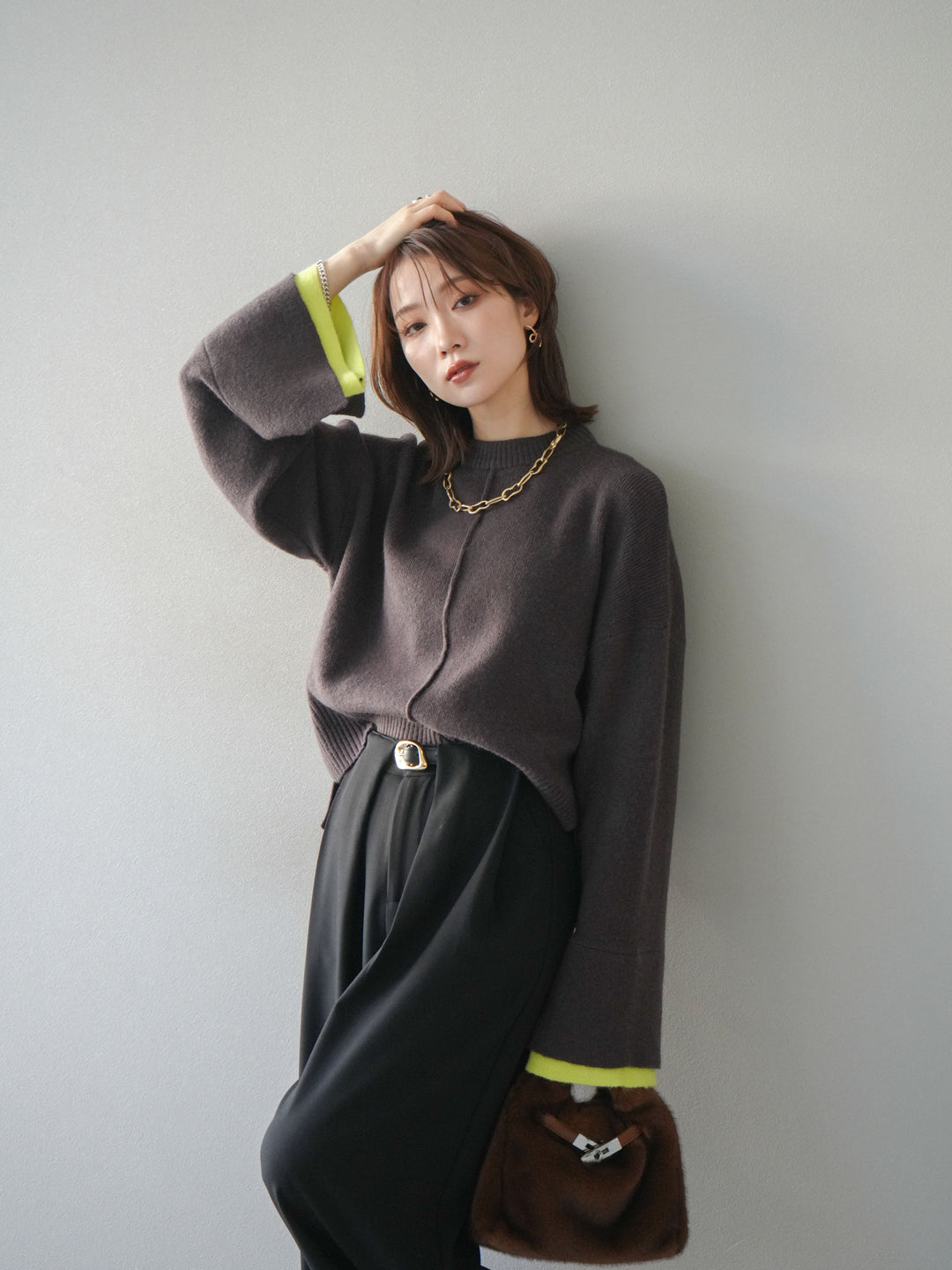 [予約]袖レイヤード配色ニットプルオーバー/brown