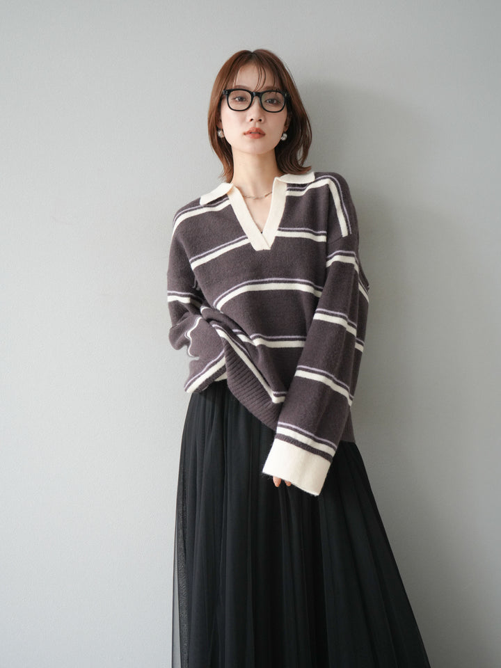 [SET]ポロ襟スキッパーボーダーニットプルオーバー+チュールボリュームスカート(2set)