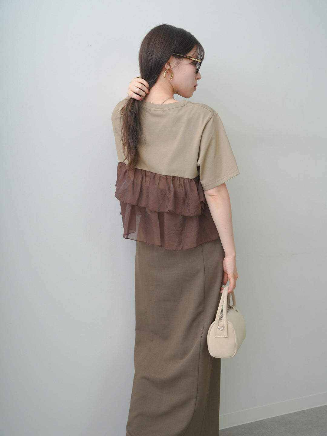 [SET]オーガンジーフリルドッキングTEE+クレープデシンフラップ付きストレートスカート(2set)