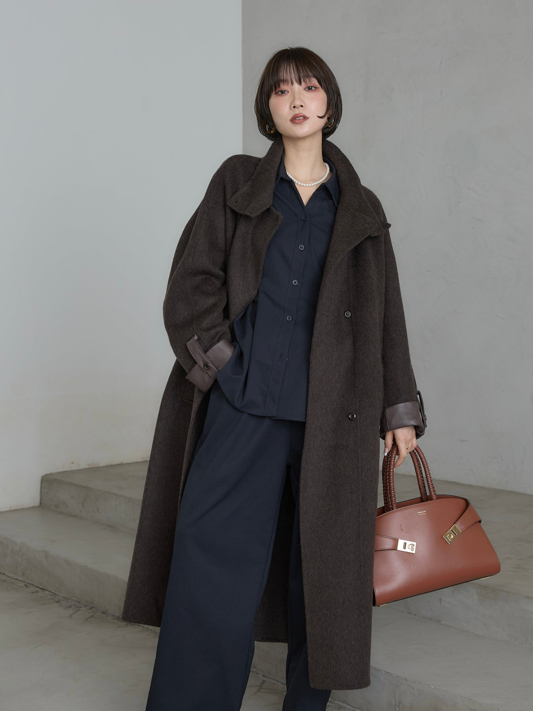 [予約]レザー切替ウールロングコート/darkbrown