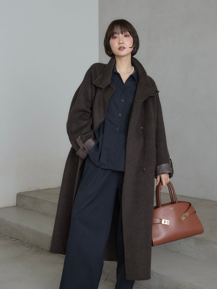 [予約]レザー切替ウールロングコート/darkbrown
