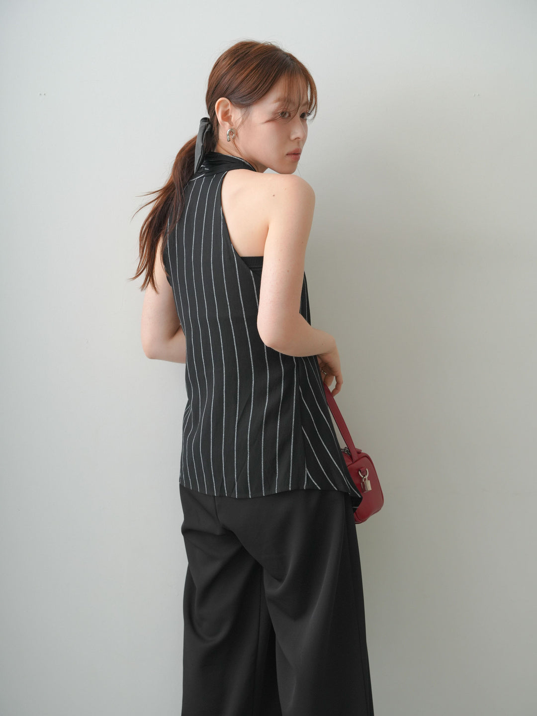[SET]ストライプカシュクールジレ+クレープデシンタックワイドパンツ(2set)