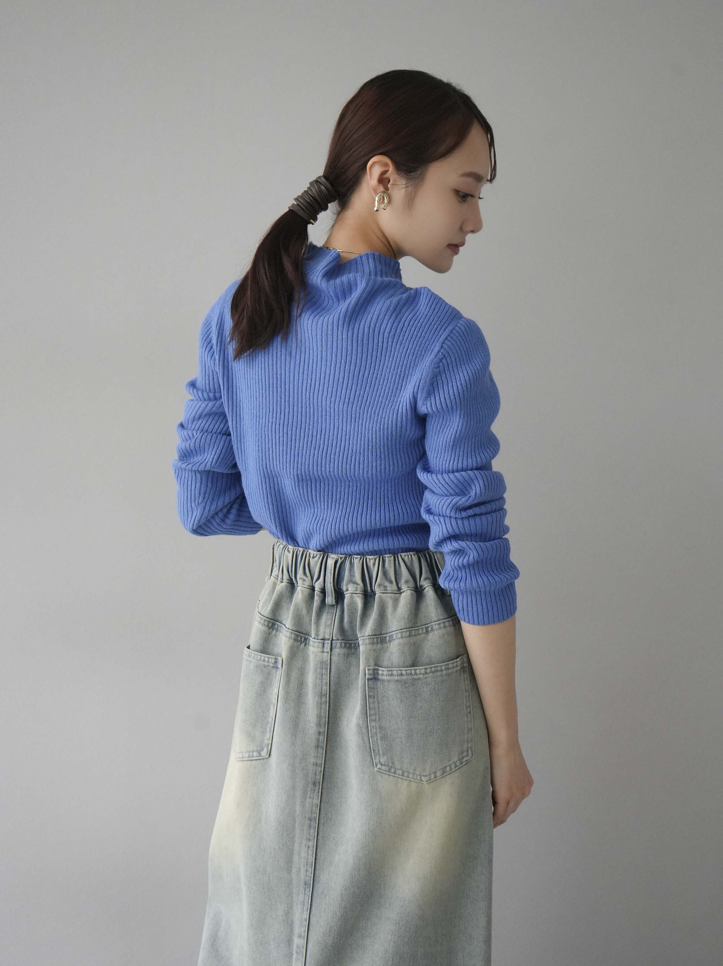 即発送可能 lumignon ニット リボンバストフラッフィートップス　ブルー 予約]オフネックリブニットトップス/ブルー – Lumier