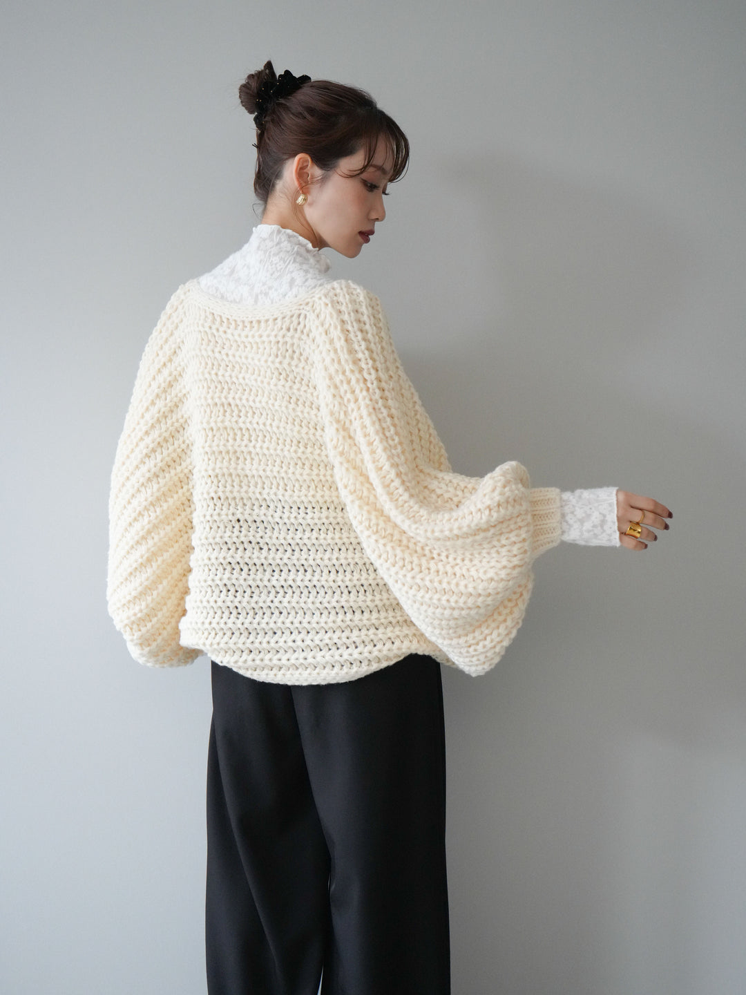 [SET]ローゲージ畦編みドルマンニットボレロ+起毛レースプチネックトップス(2set)
